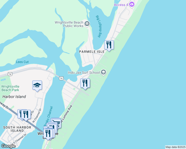 map of restaurants, bars, coffee shops, grocery stores, and more near 2 Crane Street in Wrightsville Beach