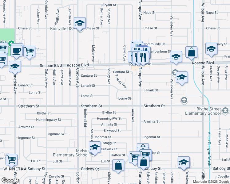 map of restaurants, bars, coffee shops, grocery stores, and more near 8111 Tunney Avenue in Los Angeles