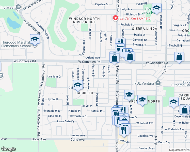 map of restaurants, bars, coffee shops, grocery stores, and more near 1720 Astoria Place in Oxnard