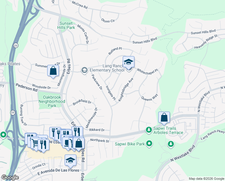 map of restaurants, bars, coffee shops, grocery stores, and more near 2792 Sandhurst Avenue in Thousand Oaks