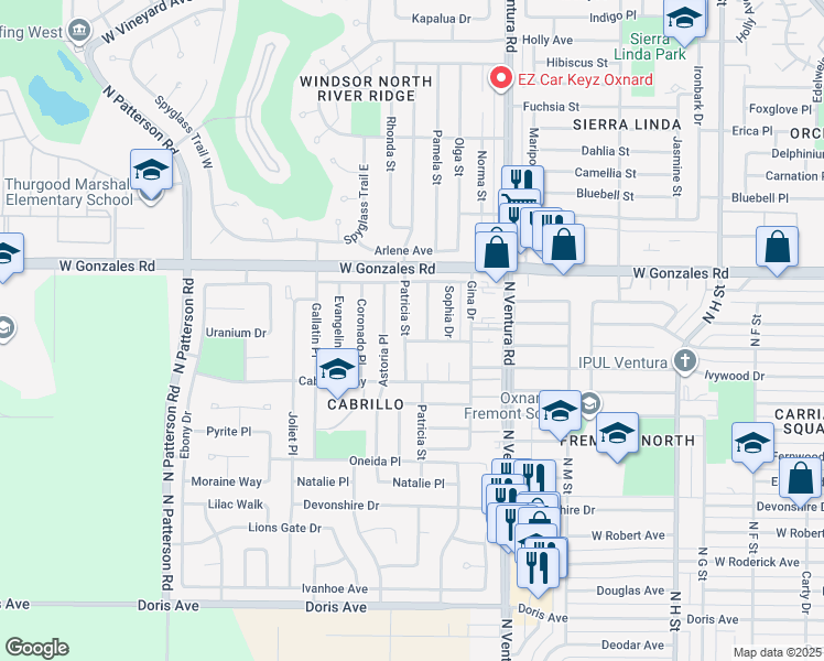 map of restaurants, bars, coffee shops, grocery stores, and more near 1630 Patricia Street in Oxnard