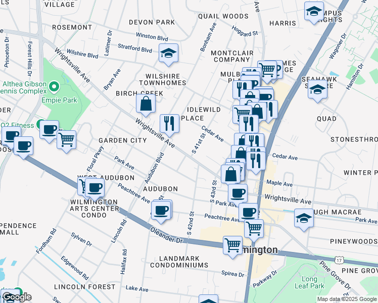 map of restaurants, bars, coffee shops, grocery stores, and more near 4017 Wrightsville Avenue in Wilmington