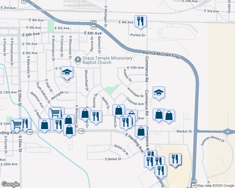 map of restaurants, bars, coffee shops, grocery stores, and more near 1500 Avondale Drive in Pine Bluff