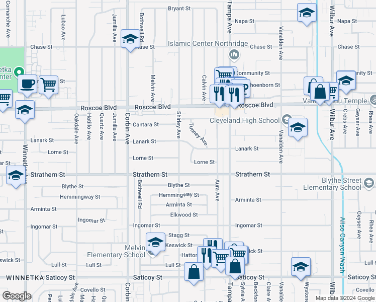 map of restaurants, bars, coffee shops, grocery stores, and more near 8111 Tunney Avenue in Los Angeles