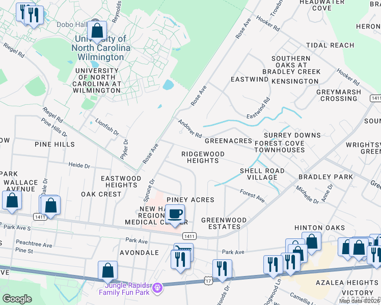 map of restaurants, bars, coffee shops, grocery stores, and more near 5325 Ridgewood Heights Drive in Wilmington