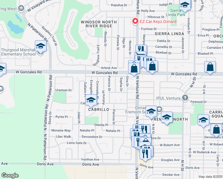 map of restaurants, bars, coffee shops, grocery stores, and more near 1630 Patricia Street in Oxnard