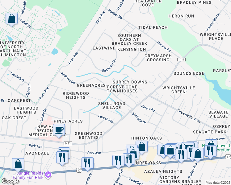 map of restaurants, bars, coffee shops, grocery stores, and more near 5505 Andover Road in Wilmington