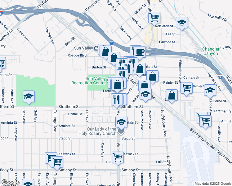 map of restaurants, bars, coffee shops, grocery stores, and more near 8063 Vineland Avenue in Los Angeles