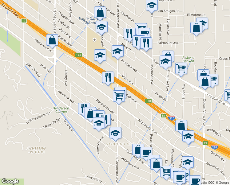 map of restaurants, bars, coffee shops, grocery stores, and more near 4133 La Crescenta Ave in La Crescenta