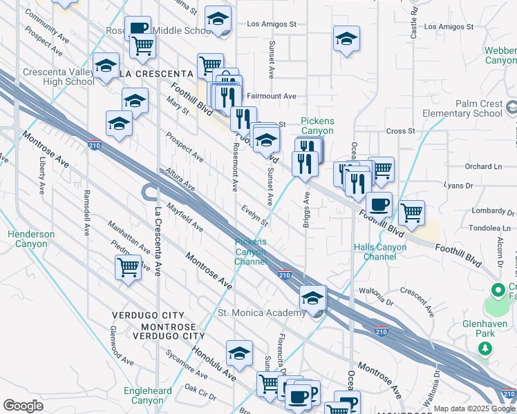 map of restaurants, bars, coffee shops, grocery stores, and more near 2514 Prospect Avenue in La Crescenta-Montrose