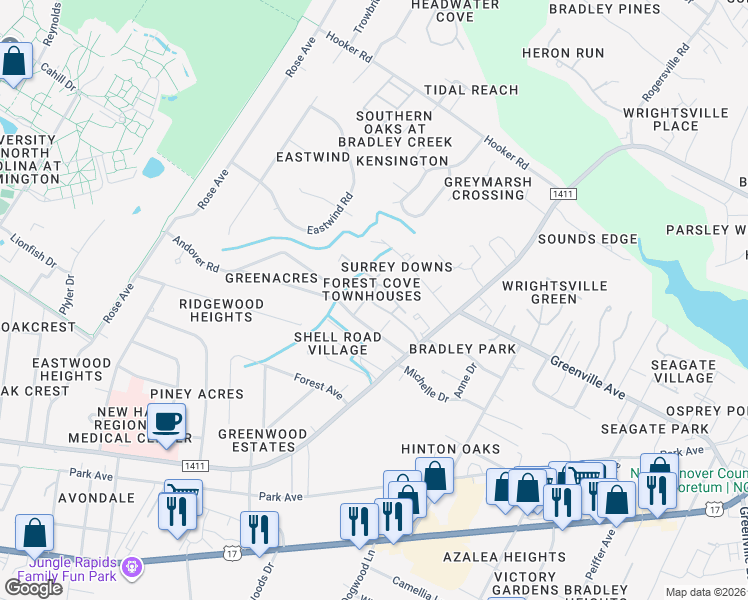 map of restaurants, bars, coffee shops, grocery stores, and more near Unnamed Road in Wilmington