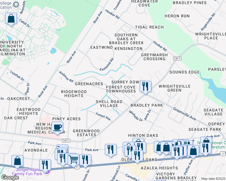 map of restaurants, bars, coffee shops, grocery stores, and more near 5505 Andover Road in Wilmington