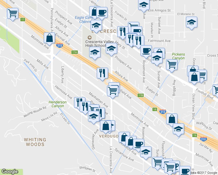 map of restaurants, bars, coffee shops, grocery stores, and more near 2825 Fairway Avenue in La Crescenta-Montrose