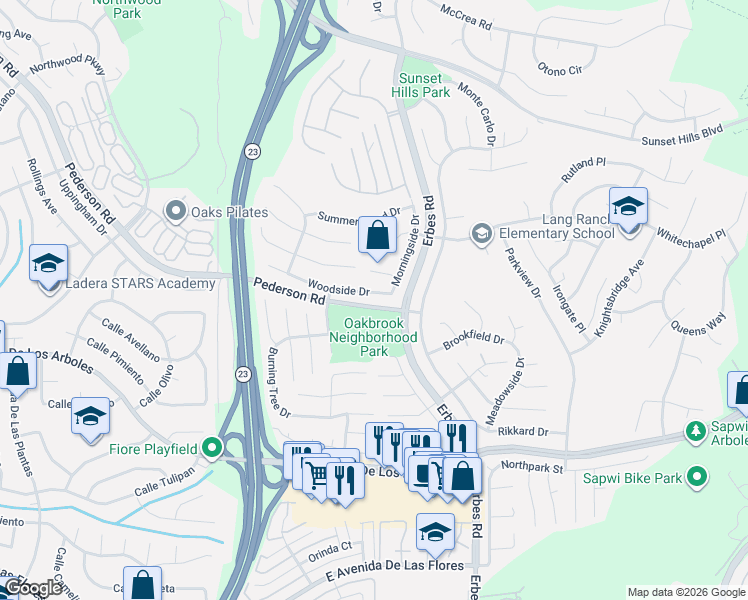 map of restaurants, bars, coffee shops, grocery stores, and more near 1914 Brooktree Court in Thousand Oaks