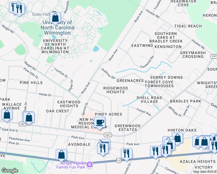 map of restaurants, bars, coffee shops, grocery stores, and more near 5325 Ridgewood Heights Drive in Wilmington