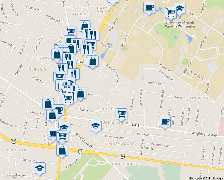 map of restaurants, bars, coffee shops, grocery stores, and more near 4811 Atlantis Court in Wilmington