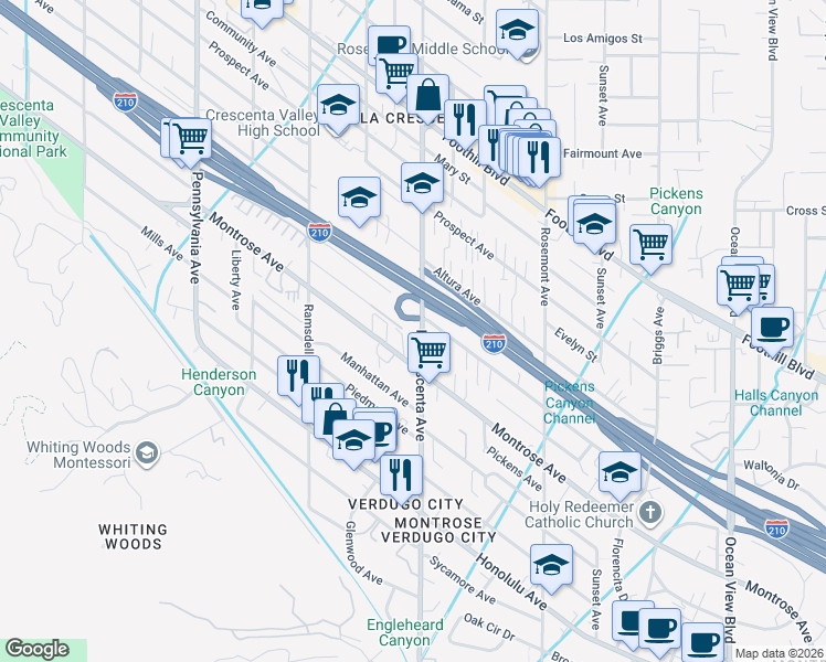 map of restaurants, bars, coffee shops, grocery stores, and more near 4133 La Crescenta Avenue in La Crescenta-Montrose
