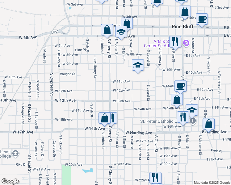 map of restaurants, bars, coffee shops, grocery stores, and more near 1115 South Cherry Street in Pine Bluff