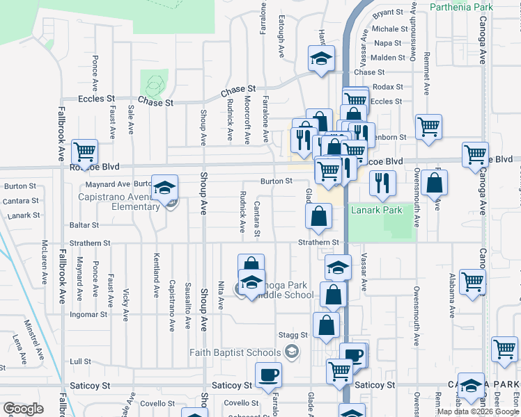 map of restaurants, bars, coffee shops, grocery stores, and more near 8126 Moorcroft Avenue in Los Angeles