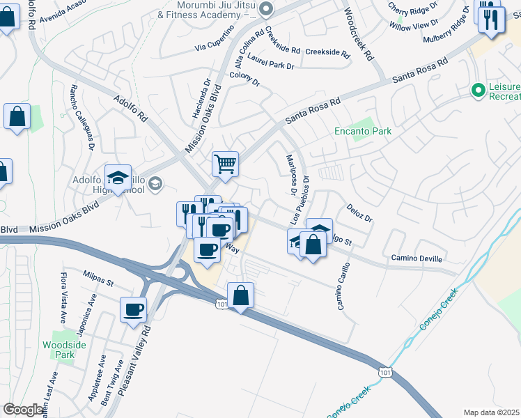 map of restaurants, bars, coffee shops, grocery stores, and more near 127 Camino Ruiz in Camarillo