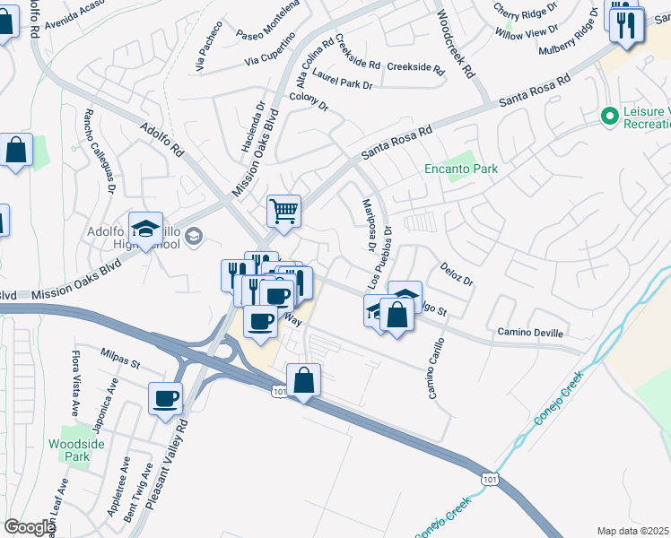 map of restaurants, bars, coffee shops, grocery stores, and more near 5187 Via Calderon in Camarillo