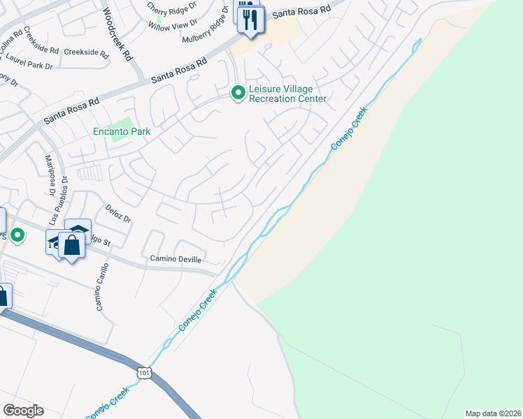 map of restaurants, bars, coffee shops, grocery stores, and more near 20214 Village 20 in Camarillo