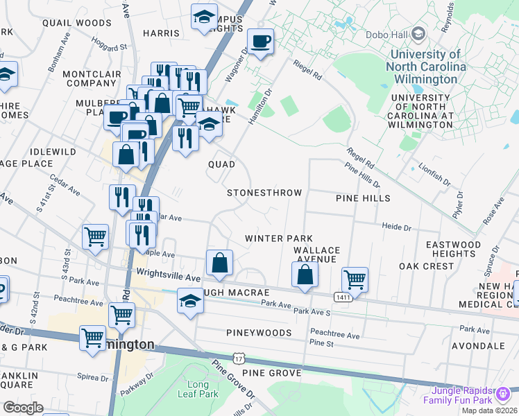 map of restaurants, bars, coffee shops, grocery stores, and more near 4915 Marlin Court in Wilmington