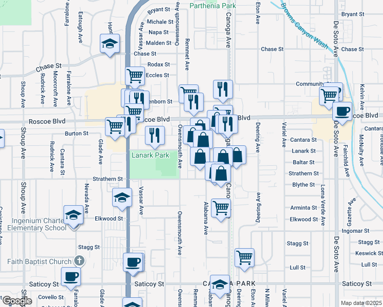 map of restaurants, bars, coffee shops, grocery stores, and more near 8123 Remmet Avenue in Los Angeles