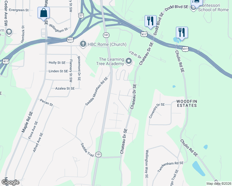 map of restaurants, bars, coffee shops, grocery stores, and more near 2403 Rockmart Road Southeast in Rome
