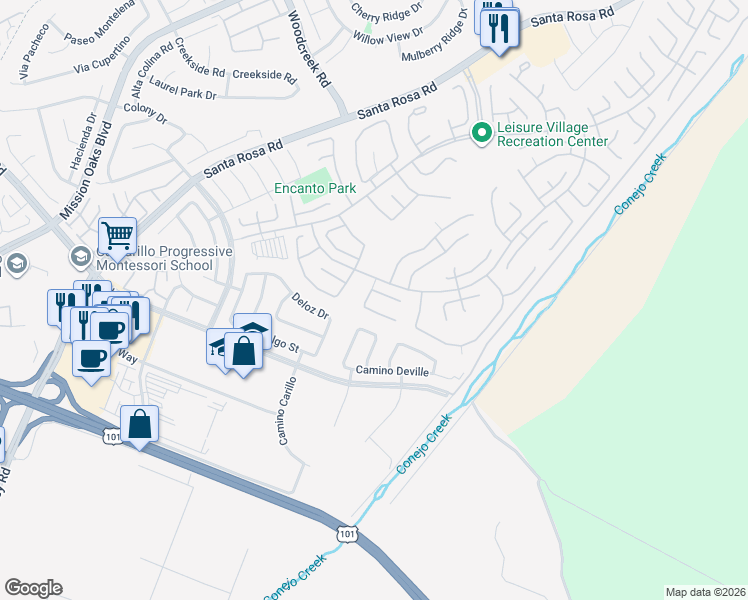 map of restaurants, bars, coffee shops, grocery stores, and more near 18102 Village 18 in Camarillo