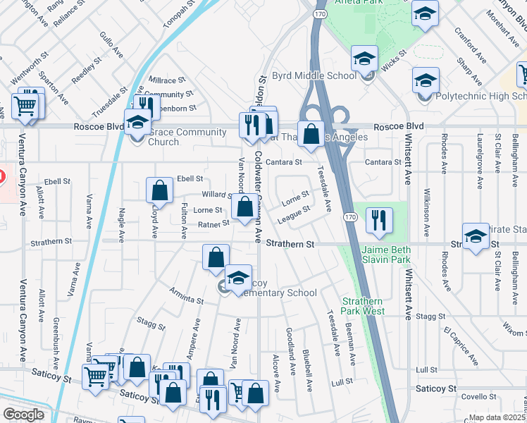 map of restaurants, bars, coffee shops, grocery stores, and more near 8057 Bellaire Avenue in Los Angeles