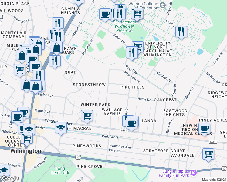 map of restaurants, bars, coffee shops, grocery stores, and more near 5009 Pine Needles Drive in Wilmington