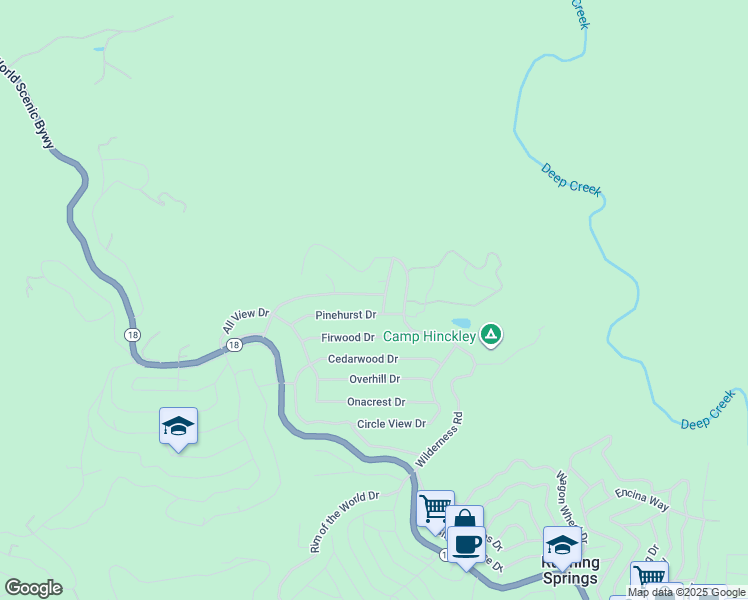 map of restaurants, bars, coffee shops, grocery stores, and more near 31435 Oakleaf Drive in Running Springs