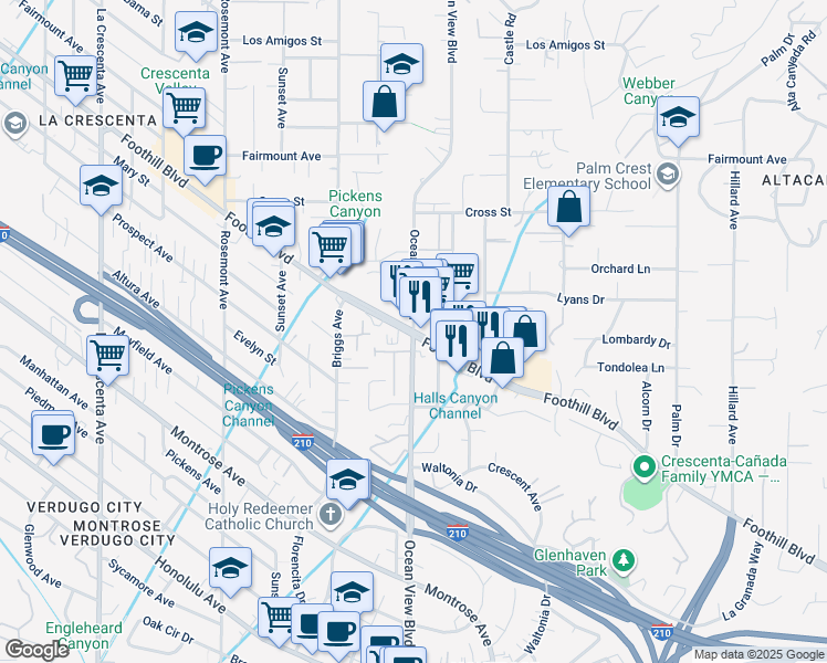 map of restaurants, bars, coffee shops, grocery stores, and more near Foothill Blvd & Ocean View Blvd in La Cañada Flintridge