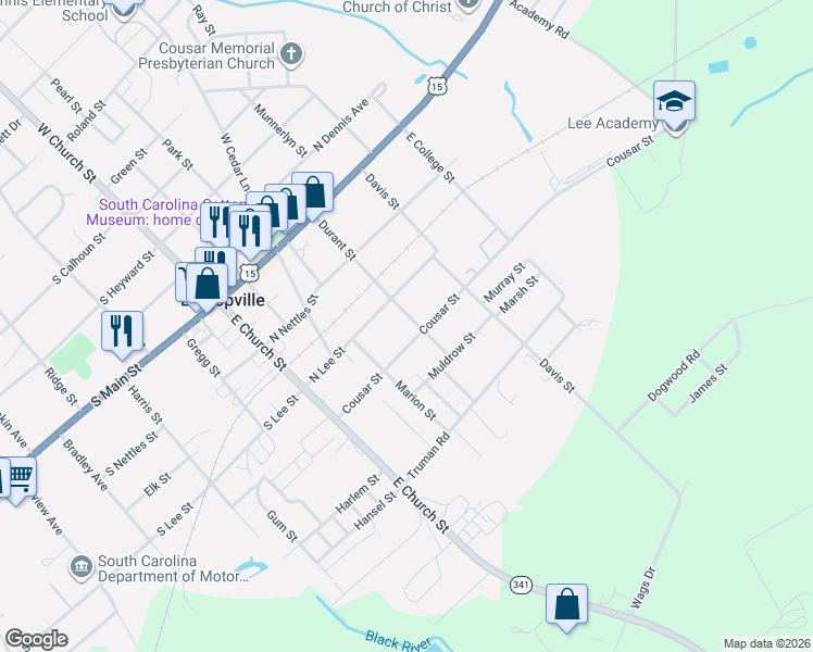 map of restaurants, bars, coffee shops, grocery stores, and more near 313 Durant Street in Bishopville