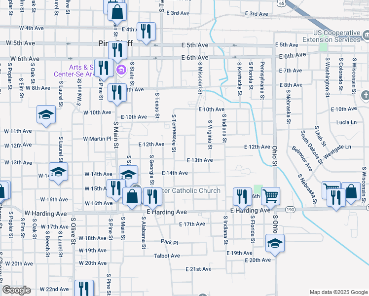 map of restaurants, bars, coffee shops, grocery stores, and more near 1103 South Tennessee Street in Pine Bluff