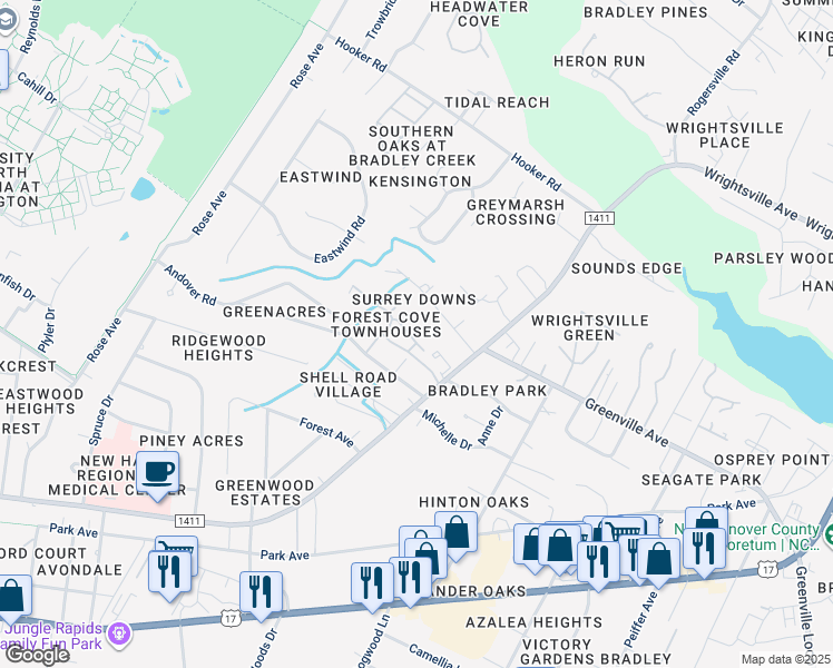 map of restaurants, bars, coffee shops, grocery stores, and more near 5813 Wrightsville Avenue in Wilmington