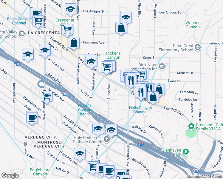 map of restaurants, bars, coffee shops, grocery stores, and more near 2370 Foothill Boulevard in La Cañada Flintridge