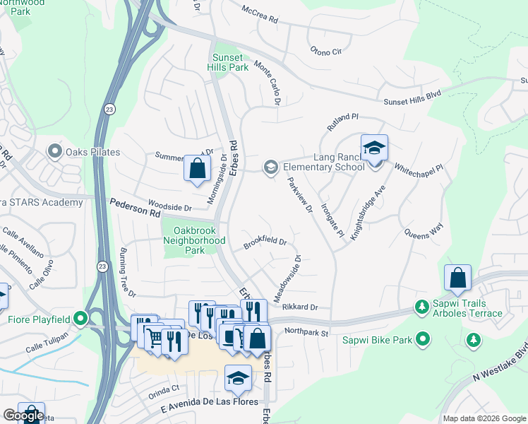 map of restaurants, bars, coffee shops, grocery stores, and more near 2844 Jason Court in Thousand Oaks