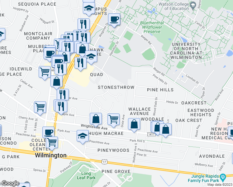 map of restaurants, bars, coffee shops, grocery stores, and more near 4925 Marlin Court in Wilmington