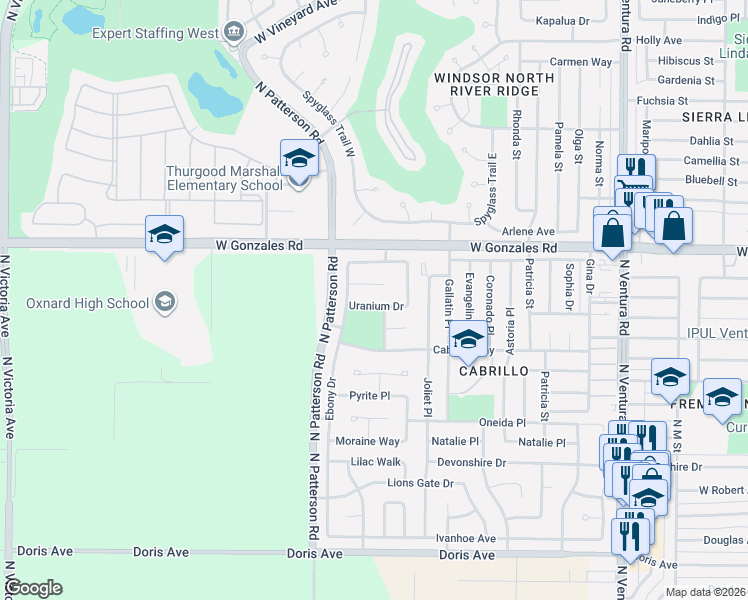 map of restaurants, bars, coffee shops, grocery stores, and more near 2631 Volcano Court in Oxnard