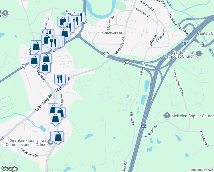 map of restaurants, bars, coffee shops, grocery stores, and more near 129 Celebration Song in Canton