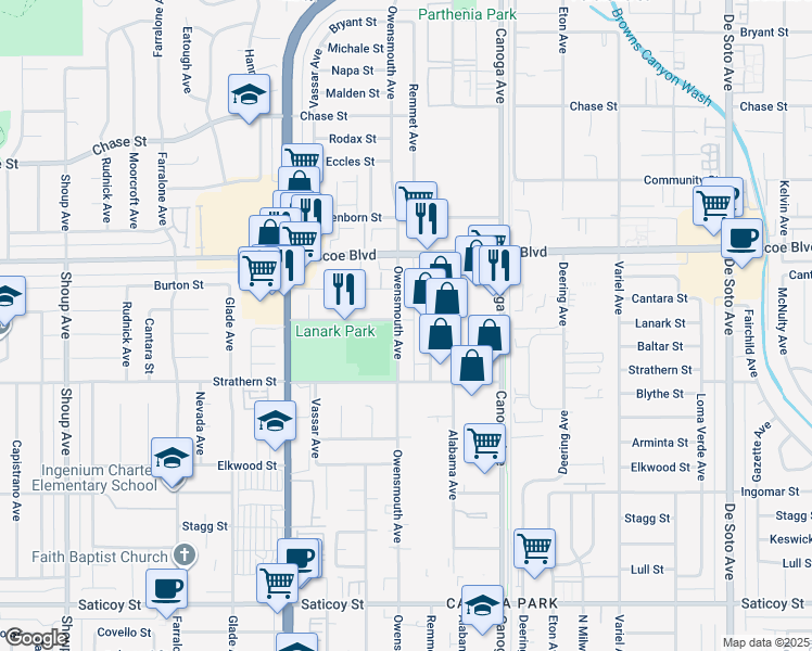 map of restaurants, bars, coffee shops, grocery stores, and more near 8211 Owensmouth Avenue in Los Angeles