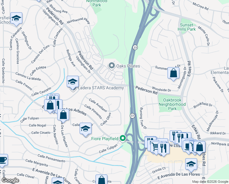 map of restaurants, bars, coffee shops, grocery stores, and more near 1505 Uppingham Drive in Thousand Oaks