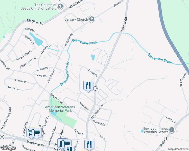 map of restaurants, bars, coffee shops, grocery stores, and more near 411 Cedar Drive in Commerce