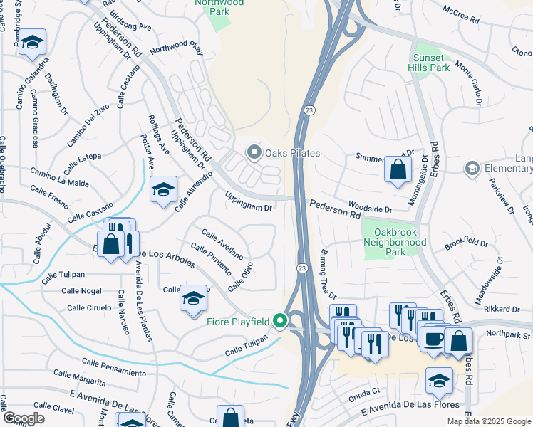 map of restaurants, bars, coffee shops, grocery stores, and more near 1542 Uppingham Drive in Thousand Oaks