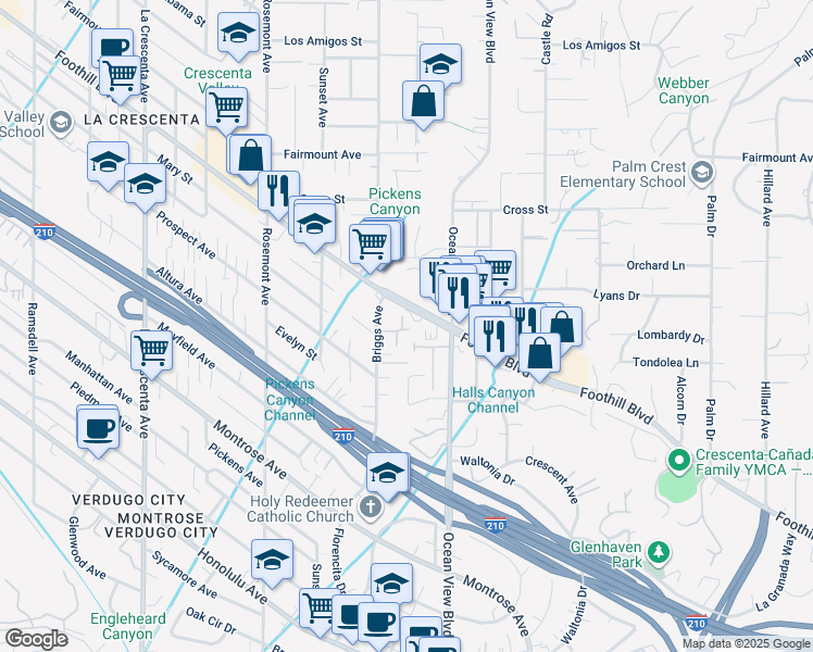 map of restaurants, bars, coffee shops, grocery stores, and more near 2350 Foothill Boulevard in La Cañada Flintridge