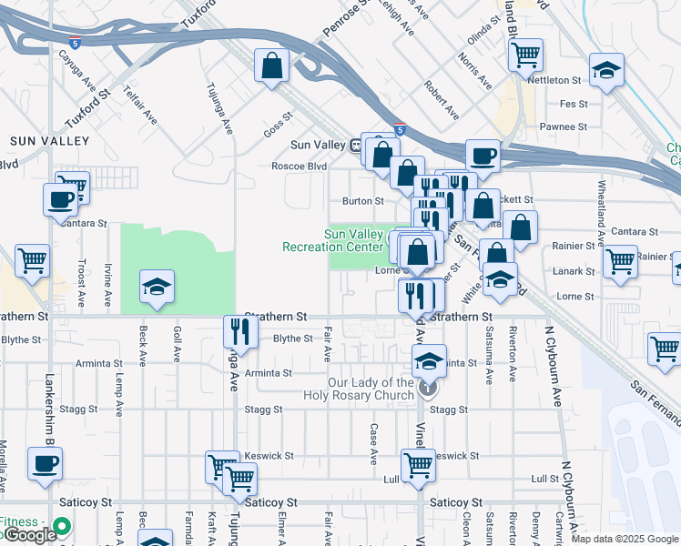 map of restaurants, bars, coffee shops, grocery stores, and more near 11144 Lorne Street in Los Angeles