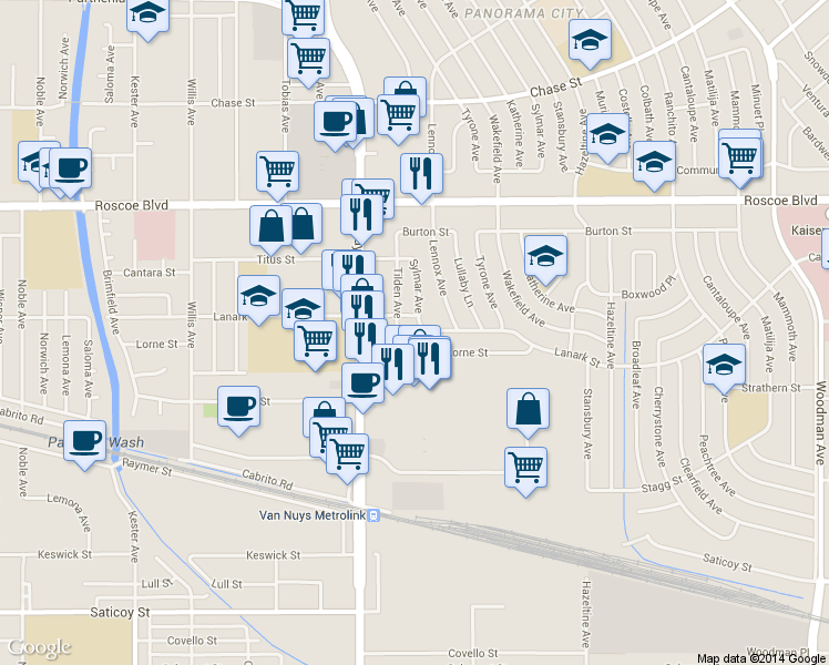 map of restaurants, bars, coffee shops, grocery stores, and more near 14370 Lanark Street in Los Angeles