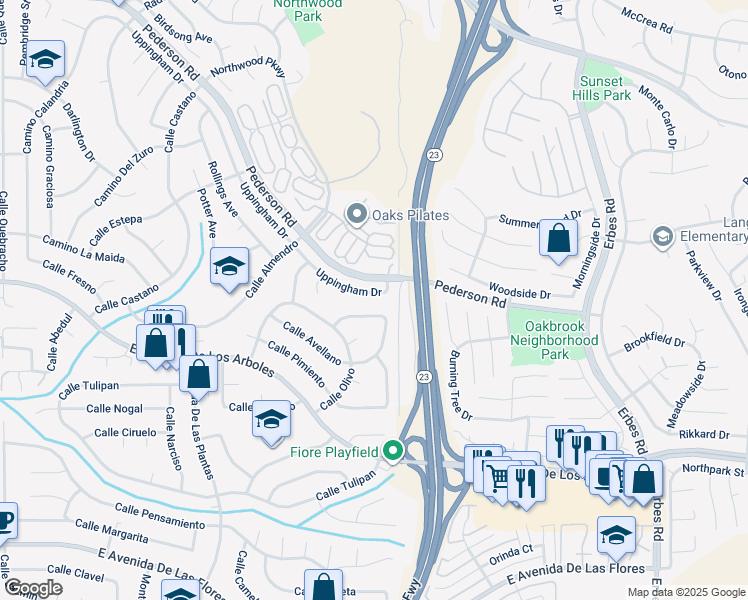 map of restaurants, bars, coffee shops, grocery stores, and more near 1542 Uppingham Dr in Thousand Oaks